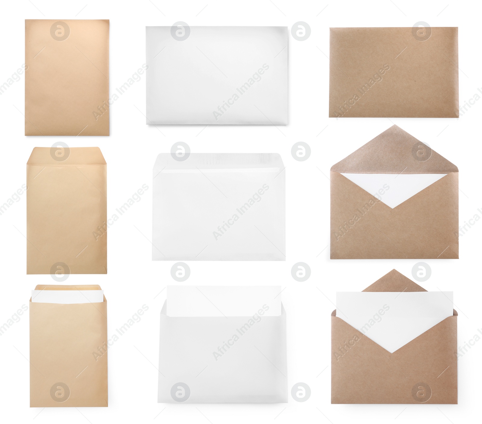 Image of Set with different blank paper envelopes on white background