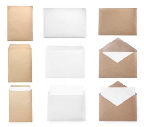 Image of Set with different blank paper envelopes on white background