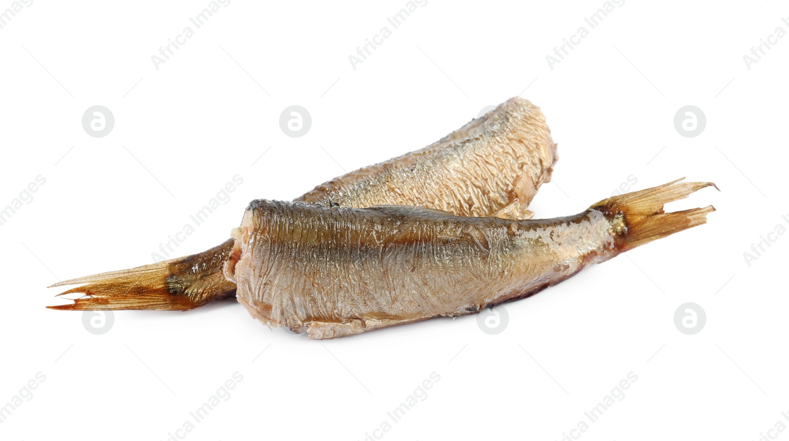 Photo of Two tasty canned sprats isolated on white