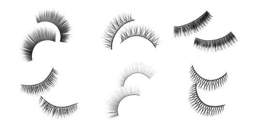 Image of Set with beautiful false eyelashes on white background, top view. Banner design