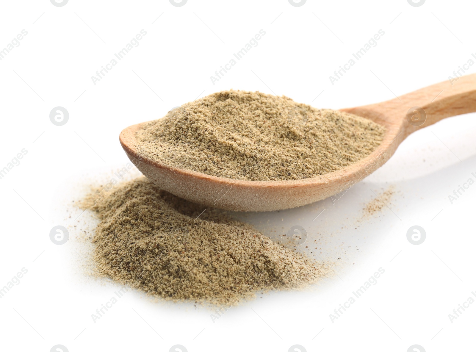 Photo of Wooden spoon with pepper powder on white background