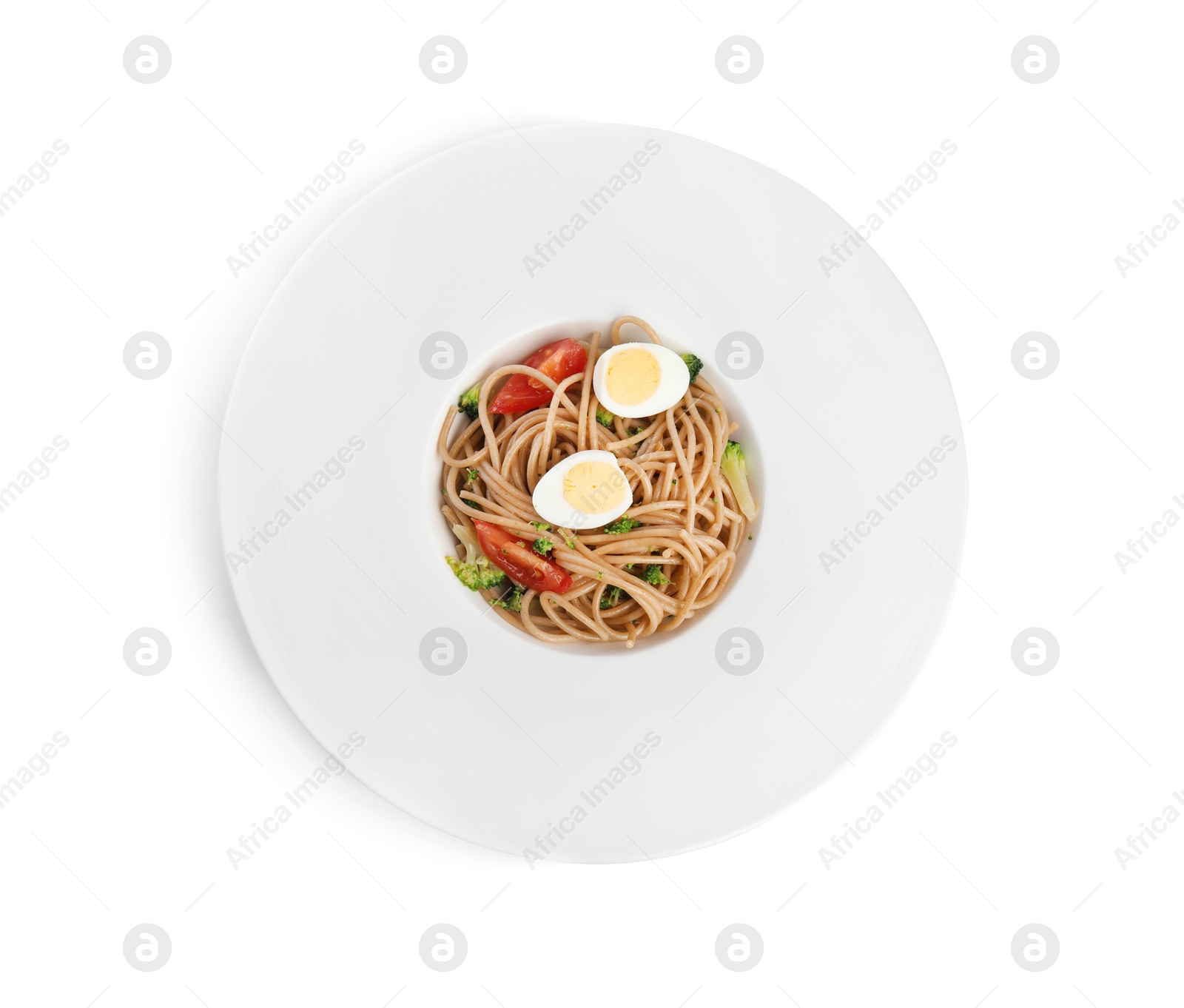 Photo of Plate of tasty buckwheat noodles on white background, top view
