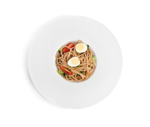 Plate of tasty buckwheat noodles on white background, top view