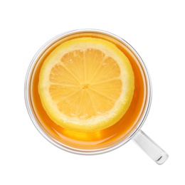 Glass cup with hot tea and lemon on white background, top view