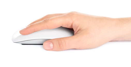 Woman using modern wireless optical mouse isolated on white, closeup