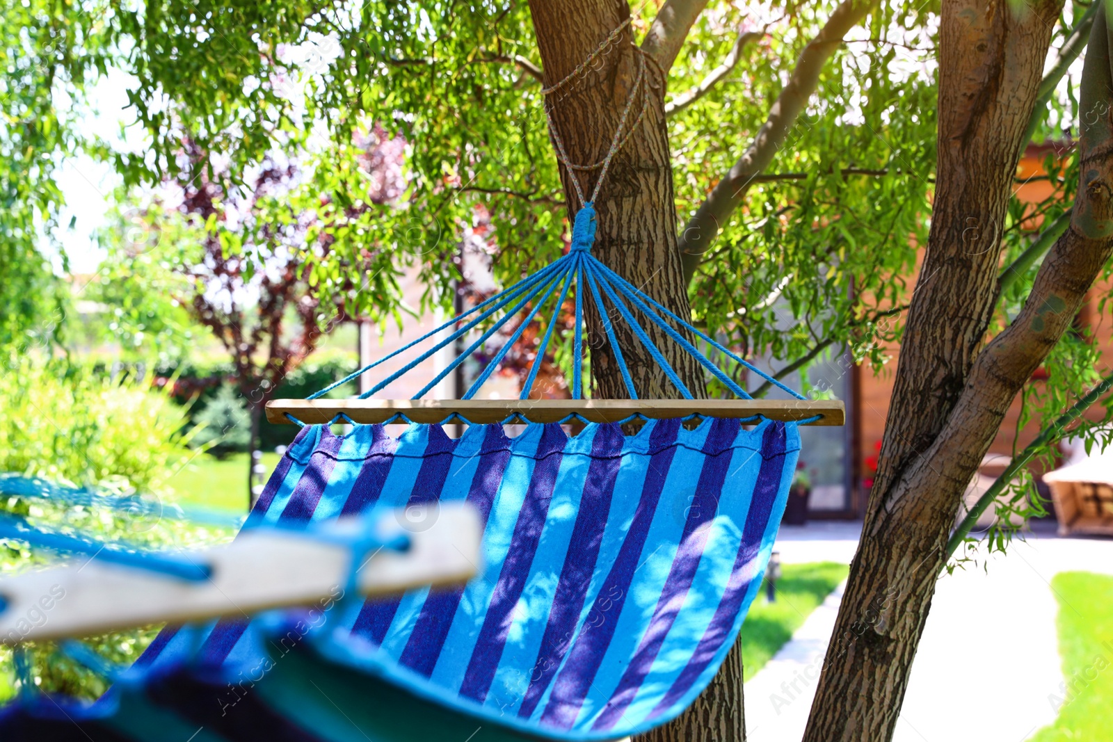 Photo of Comfortable blue hammock outdoors on sunny day