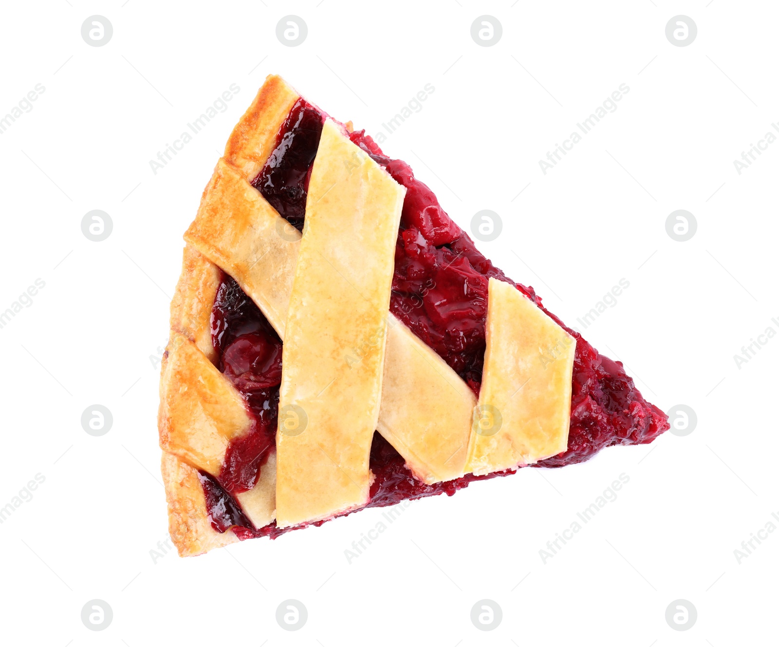Photo of Slice of delicious fresh cherry pie isolated on white, top view