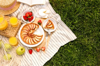 Photo of Picnic blanket with different products on green grass, top view. Space for text
