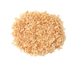 Photo of Pile of natural sawdust isolated on white, top view