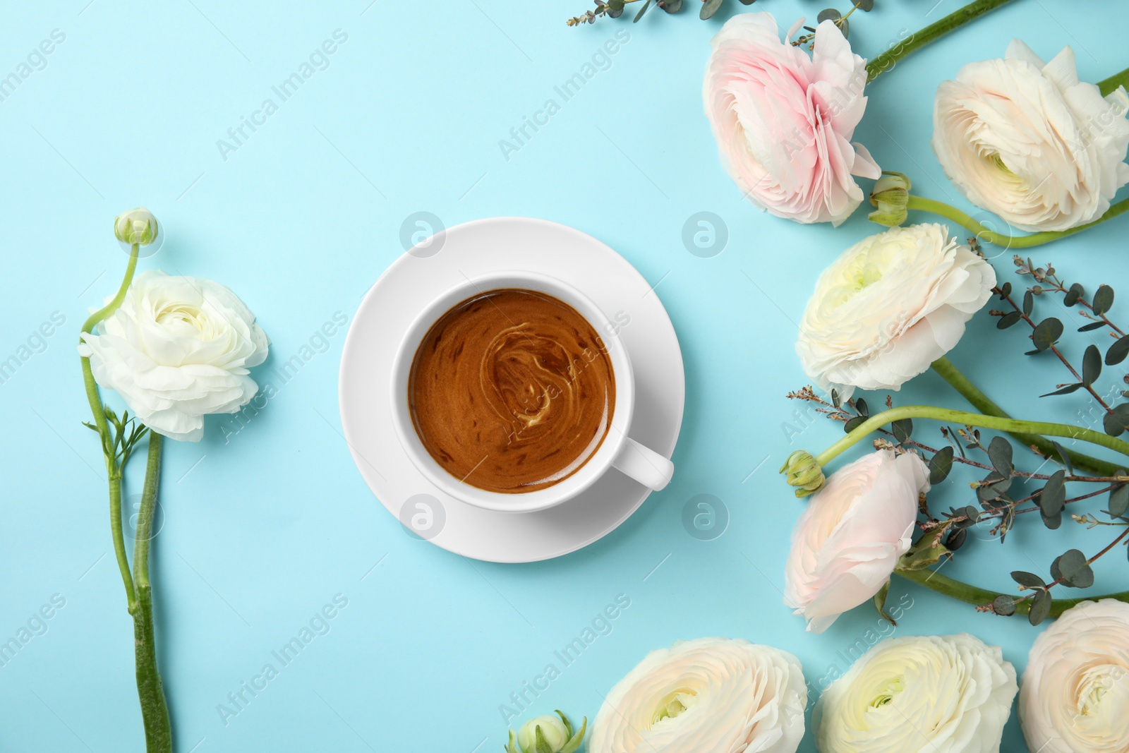 Photo of Flat lay composition with spring ranunculus flowers and cup of coffee on color background