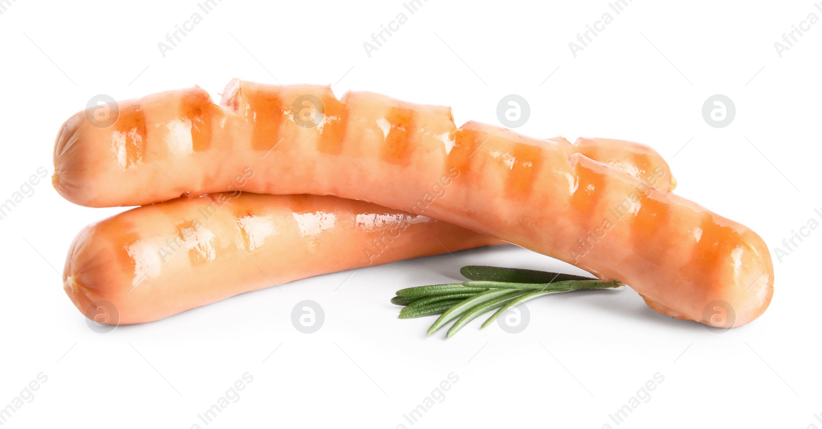 Photo of Grilled sausages and rosemary isolated on white