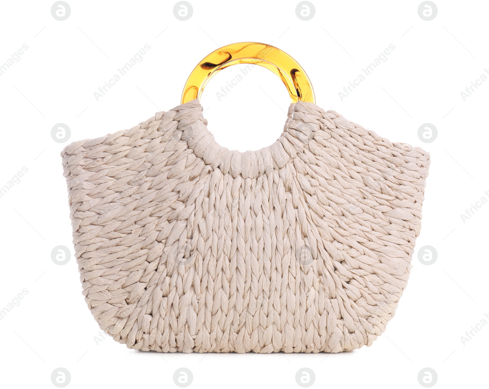 Photo of Stylish straw bag on white background. Summer accessory