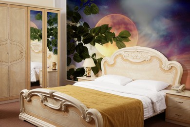 Image of Stylish bedroom interior with luxury furniture and beautiful wallpapers