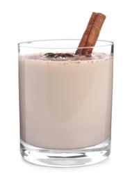 Photo of Delicious Christmas liqueur with cinnamon on white background