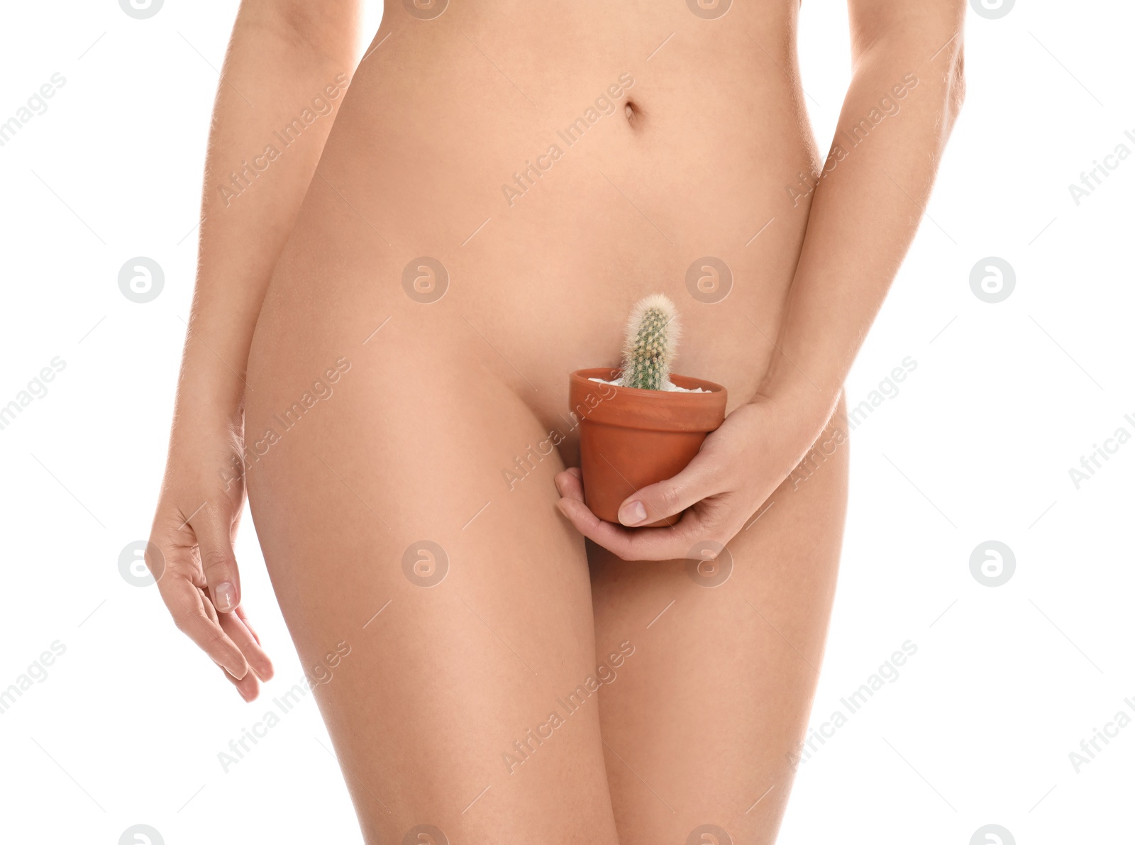 Photo of Woman with cactus showing smooth skin on white background, closeup. Brazilian bikini epilation