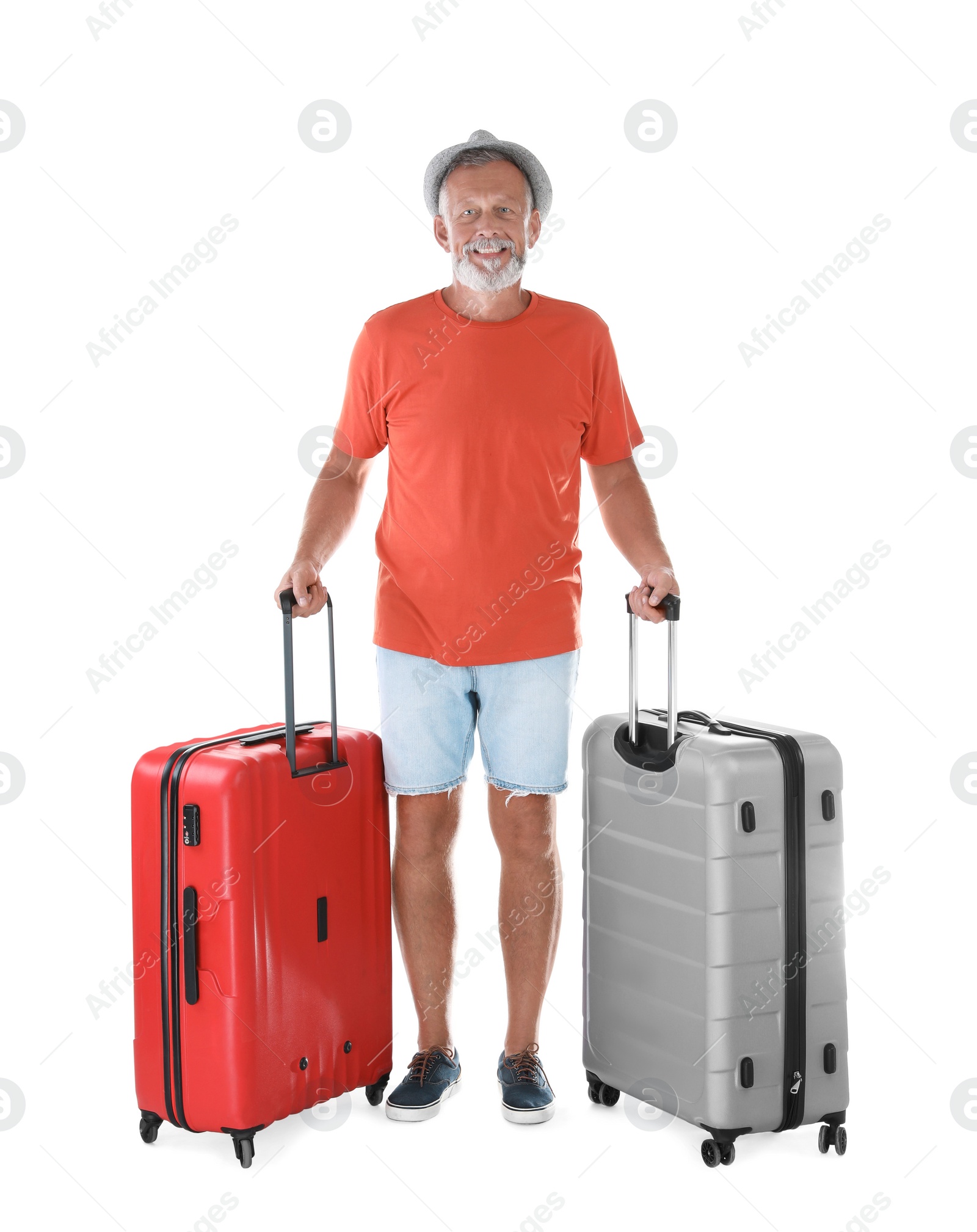 Photo of Senior man with suitcases on white background. Vacation travel