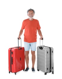 Photo of Senior man with suitcases on white background. Vacation travel