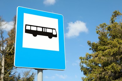 Traffic sign Bus Stop outdoors on sunny day, space for text