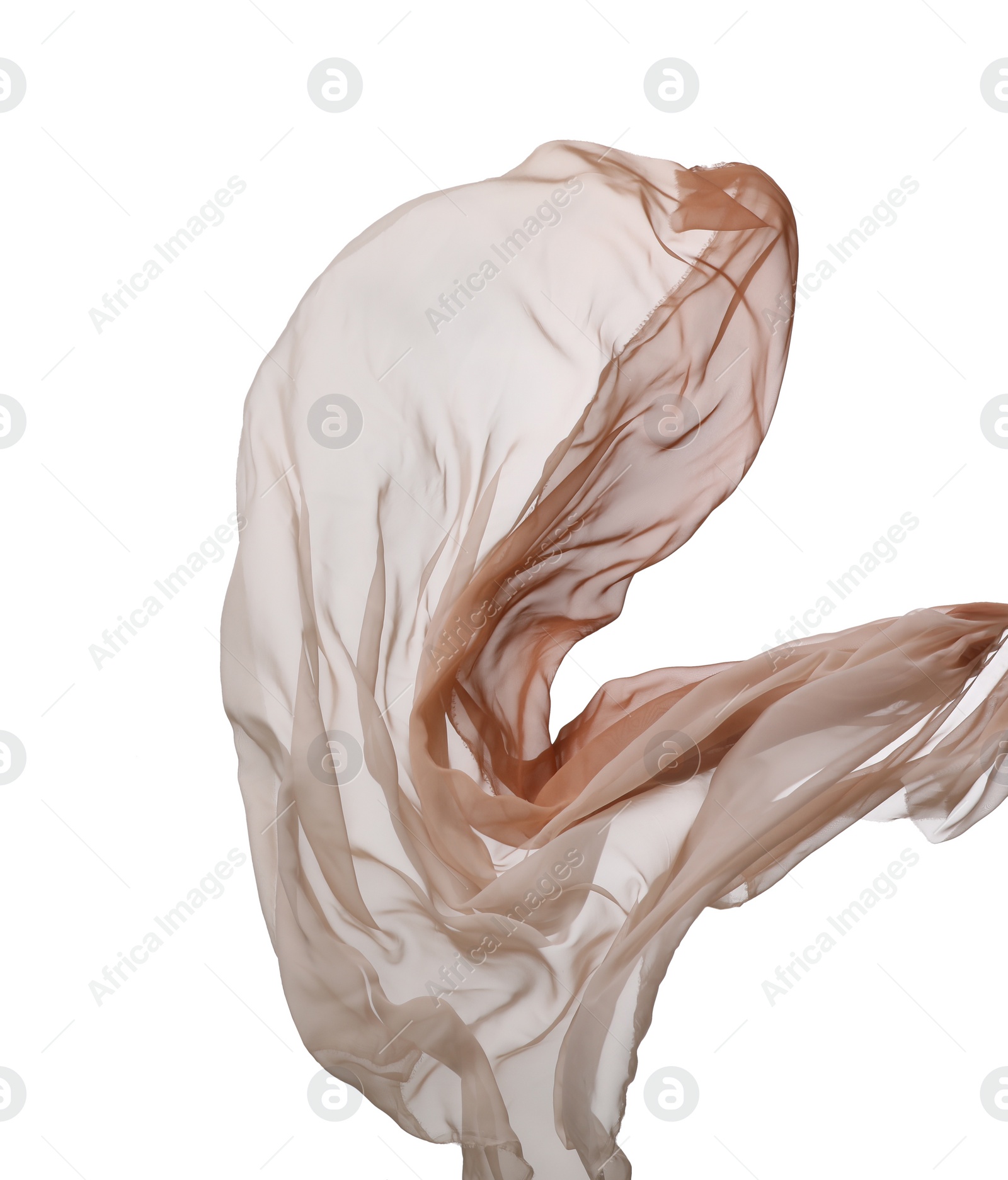 Photo of Beautiful tulle fabric flying on white background. Space for text