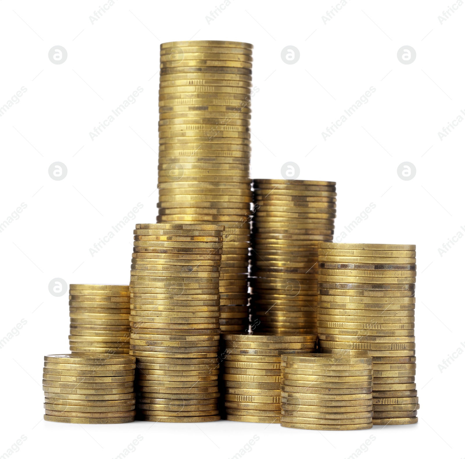 Photo of Many golden coins stacked on white background