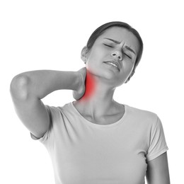 Image of Woman suffering from rheumatism on white background. Black and white effect with red accent in painful area