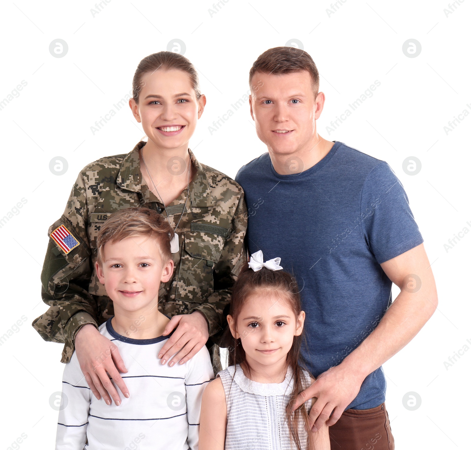 Photo of Female soldier with her family on white background. Military service