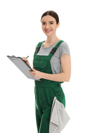 Portrait of professional auto mechanic with clipboard and rag on white background