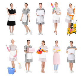 Image of Collage with photos of chambermaids on white background