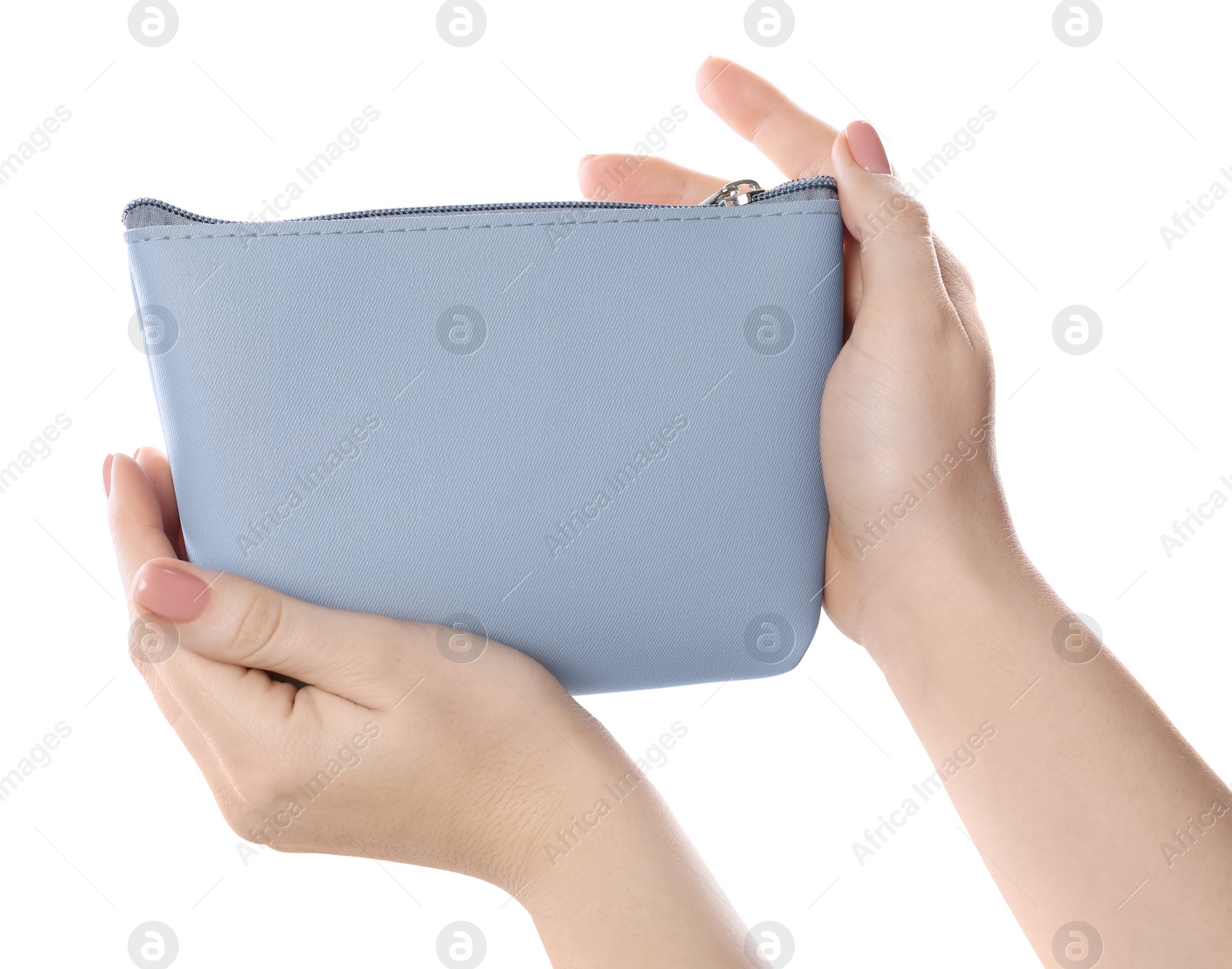 Photo of Woman with cosmetic bag isolated on white, closeup