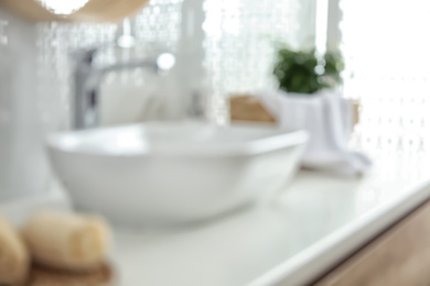 Blurred view of stylish modern bathroom with vessel sink