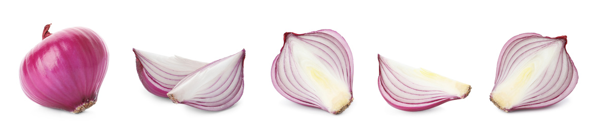 Image of Set of red cut and whole onion on white background. Banner design