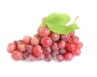 Photo of Bunch of red grapes with green leaf isolated on white