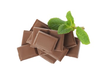 Tasty chocolate pieces and mint on white background, top view