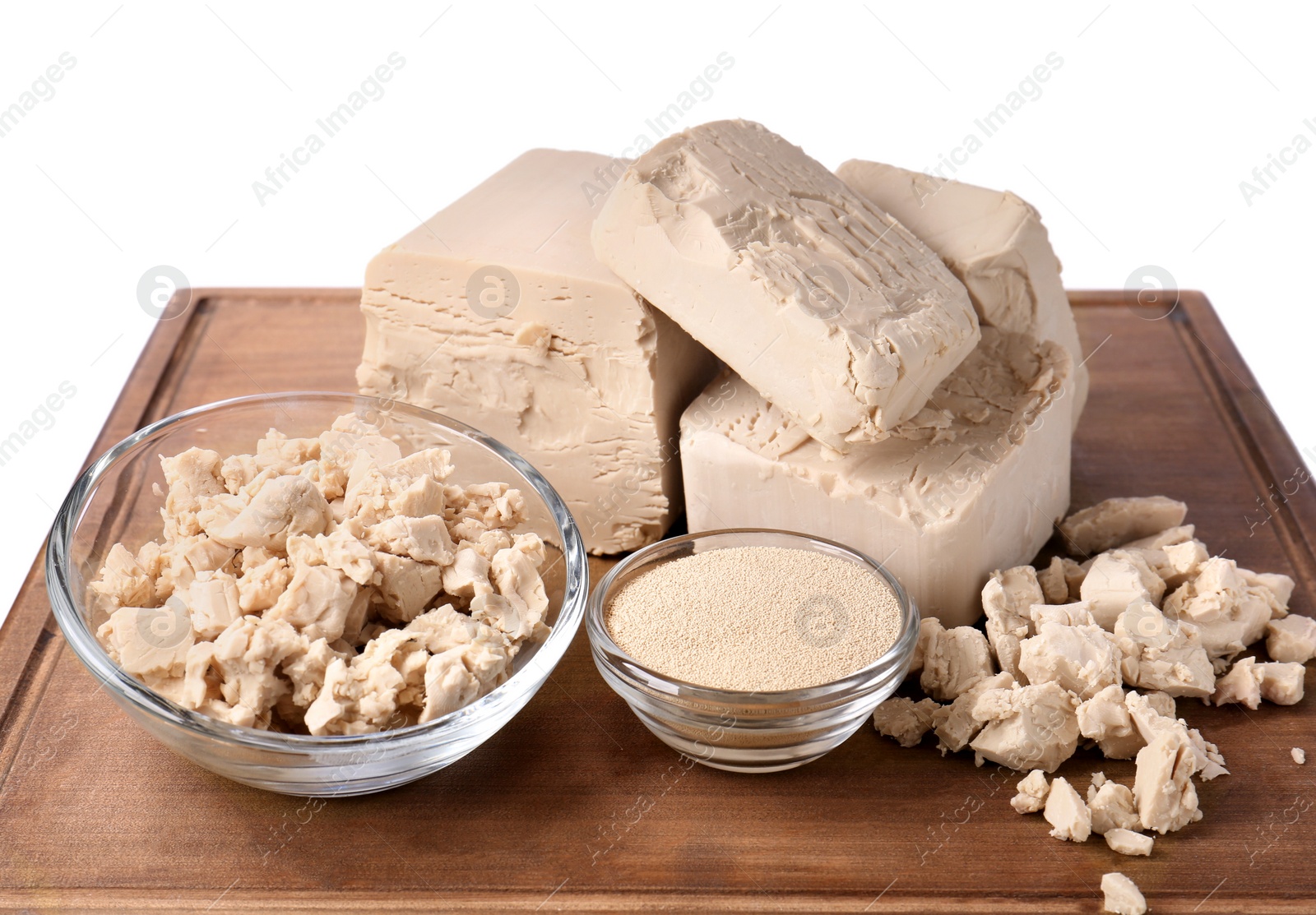 Photo of Compressed and granulated yeast isolated on white