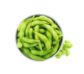 Bowl with green edamame pods and beans on white background, top view