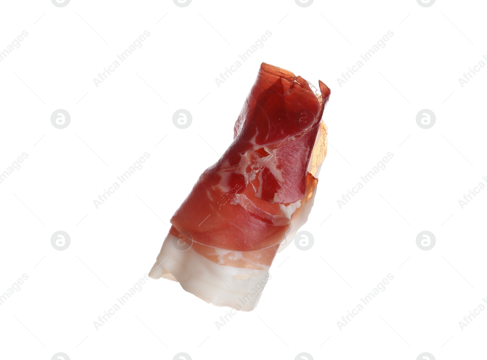 Photo of Roll of tasty prosciutto isolated on white