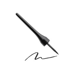 Photo of Black eyeliner and stroke on white background, top view. Makeup product