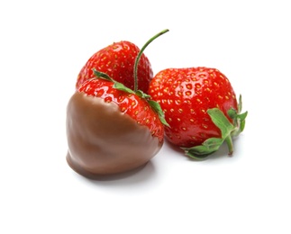 Photo of Delicious chocolate covered strawberries on white background