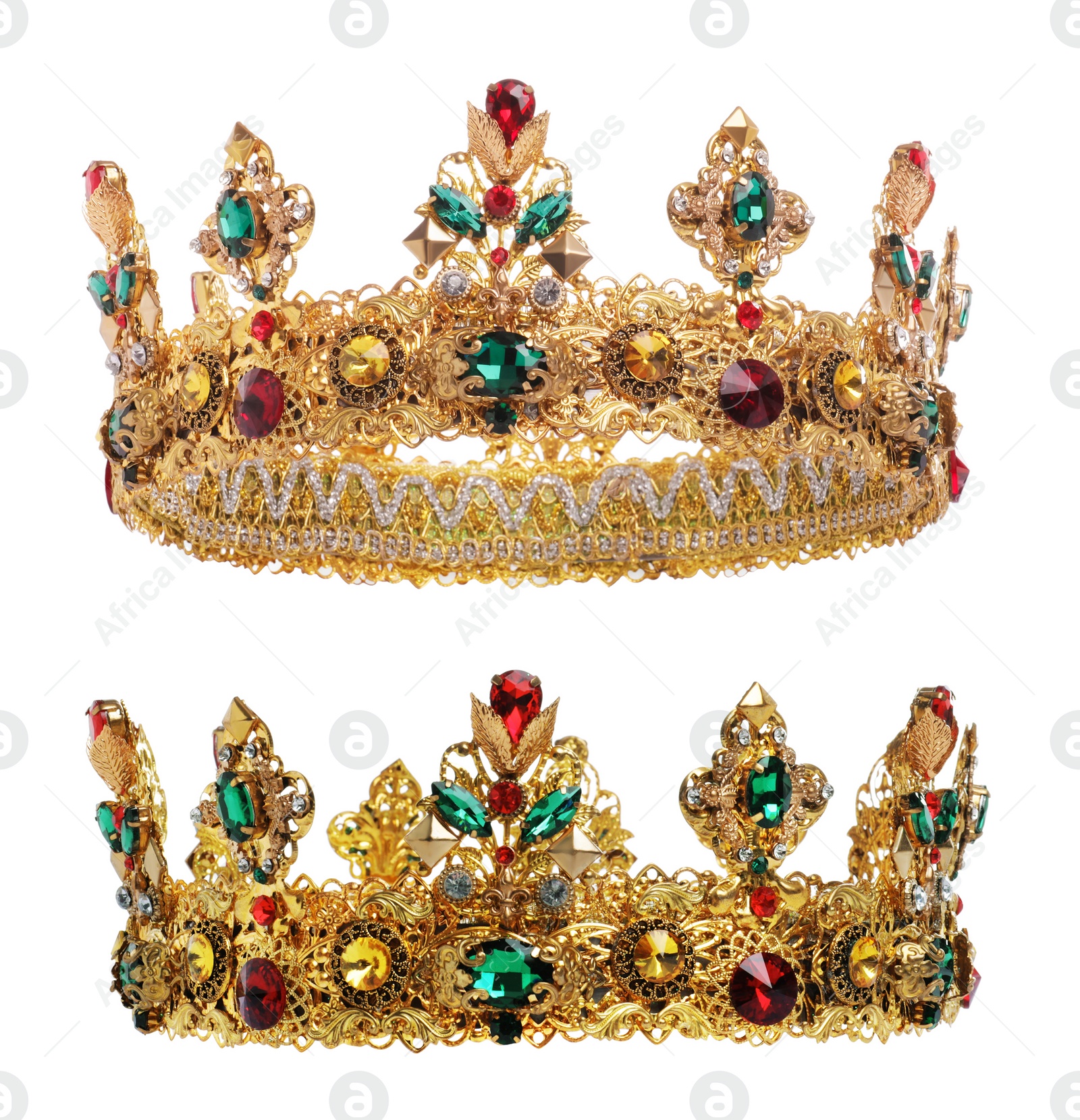 Image of Beautiful gold crown with gems on white background, views from different sides