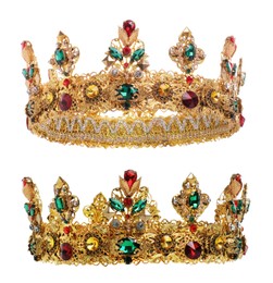 Image of Beautiful gold crown with gems on white background, views from different sides