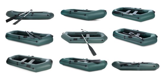 Image of Set with inflatable rubber fishing boats on white background 