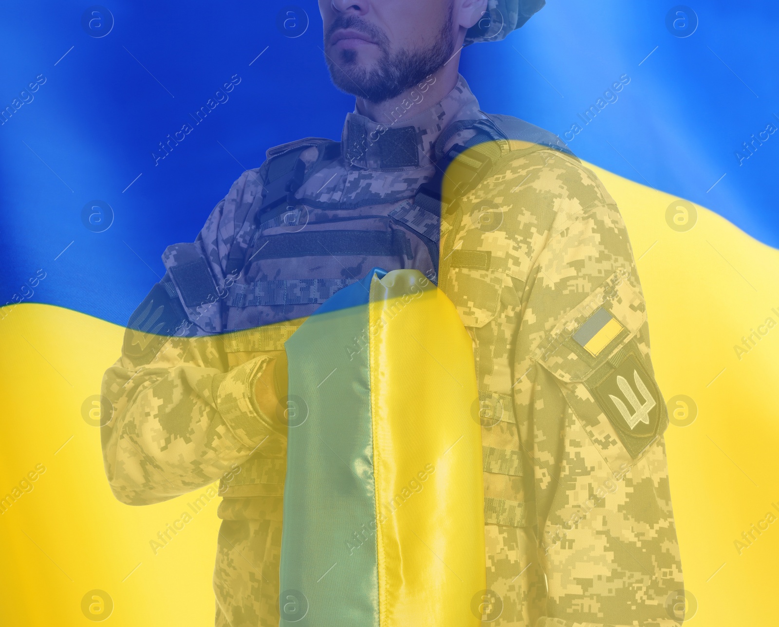 Image of Double exposure of Ukrainian flag and soldier in military uniform, closeup