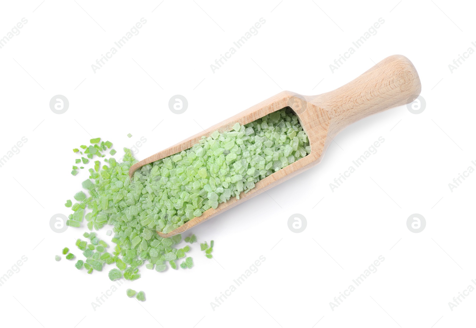 Photo of Wooden scoop with green sea salt on white background, top view