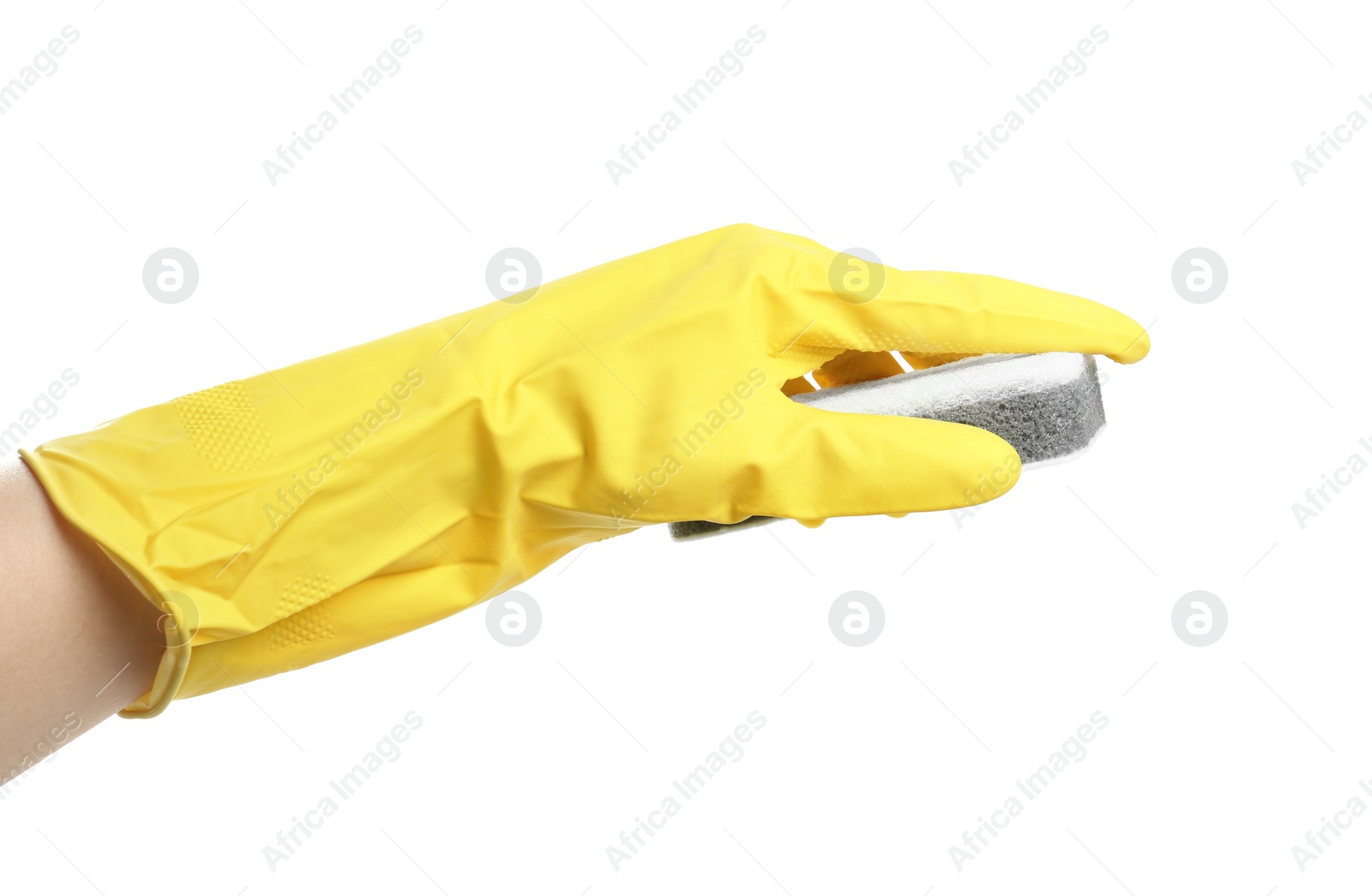 Photo of Person in rubber glove with sponge on white background, closeup of hand