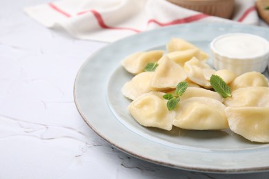 Plate of delicious dumplings (varenyky) with cottage cheese, mint and sour cream on white textured table, closeup. Space for text