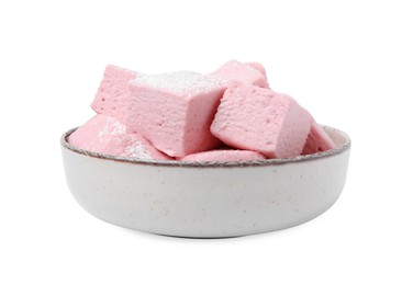 Bowl of delicious sweet marshmallows with powdered sugar isolated on white