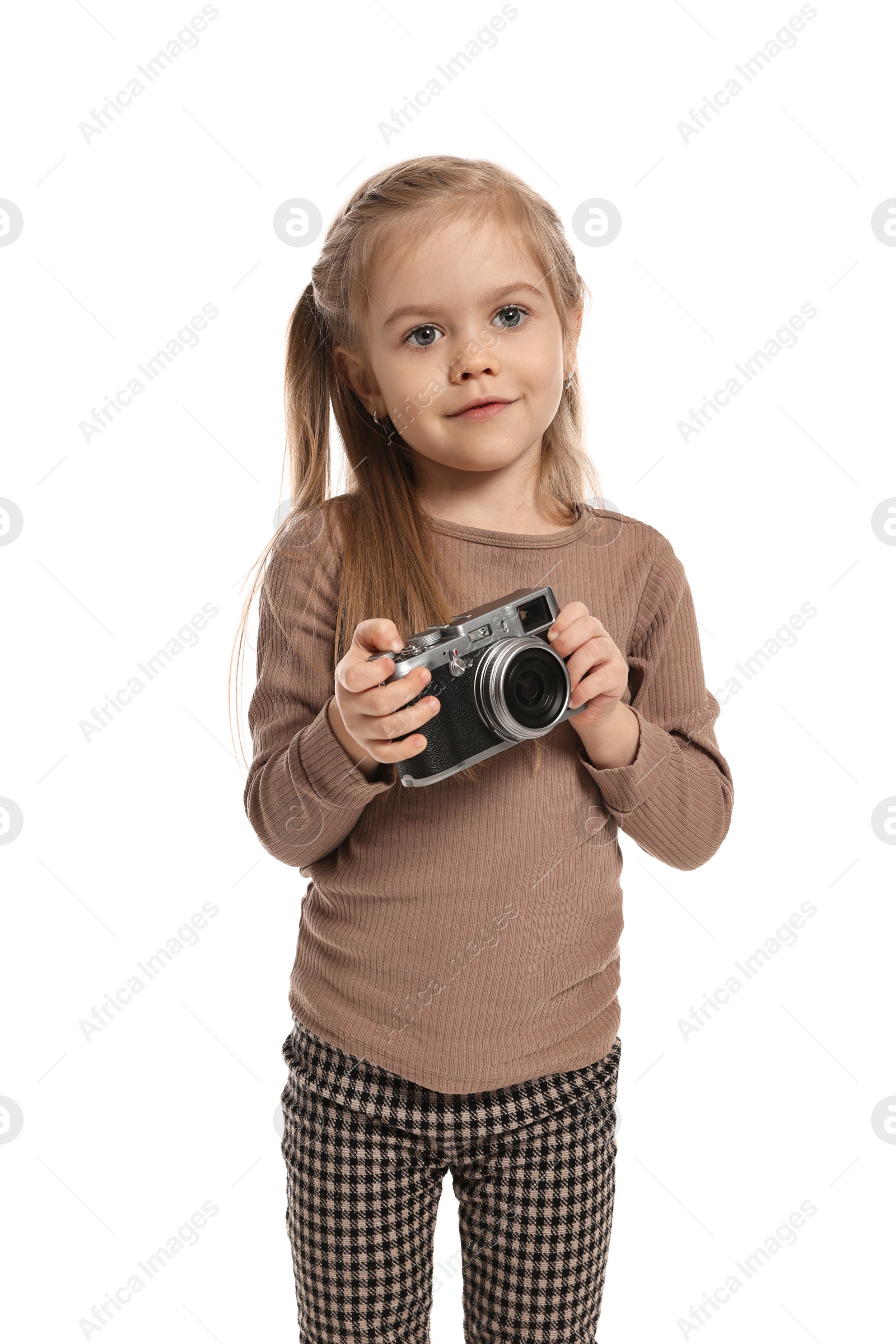 Photo of Fashion concept. Stylish girl with camera on white background