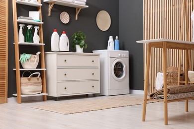 Laundry room interior with washing machine and furniture