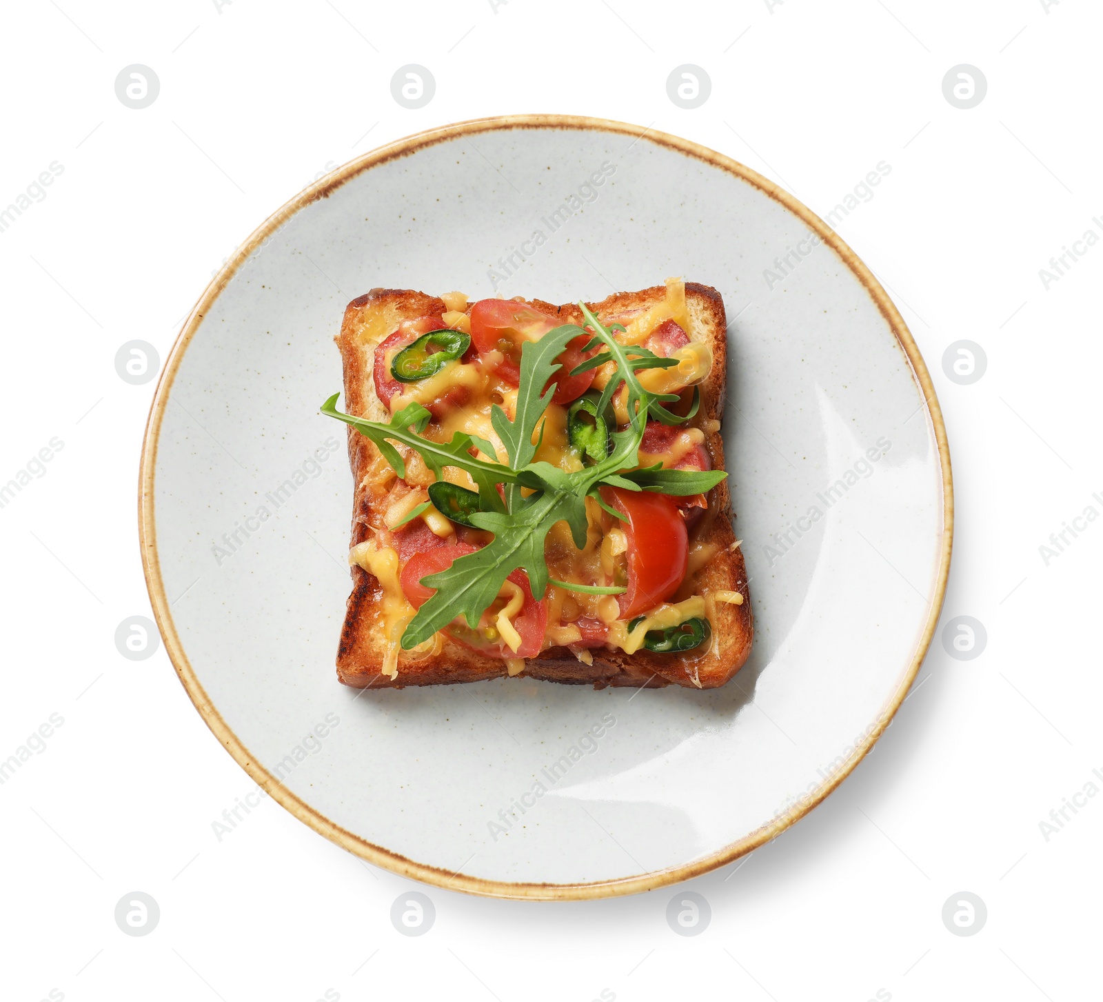 Photo of Plate with tasty pizza toast isolated on white, top view