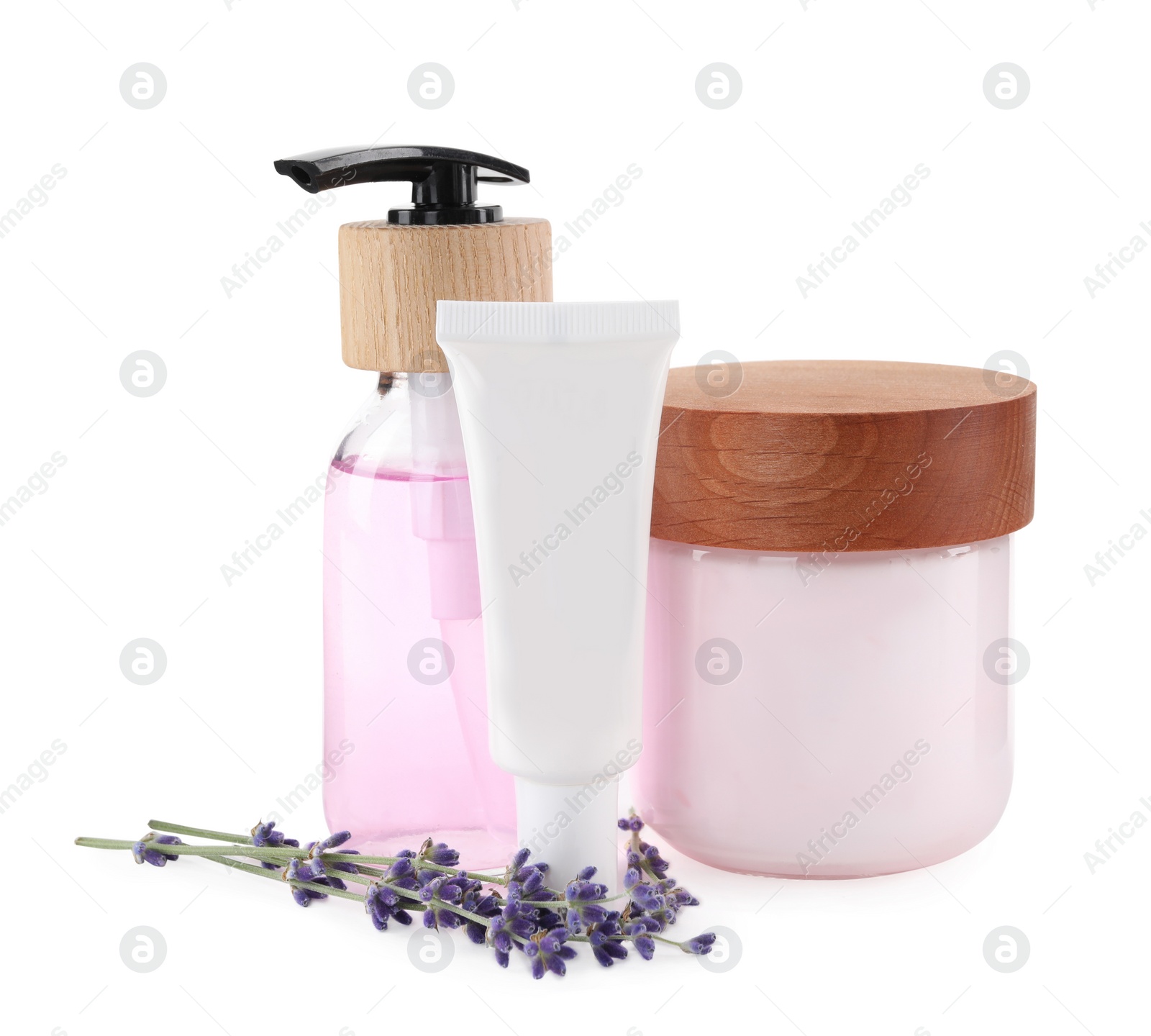 Photo of Different hand care cosmetic products and lavender on white background